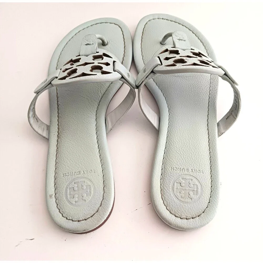 Tory Burch Miller Thong Sandal Ice Blue Pebbled Leather 7.5M w Dustbag